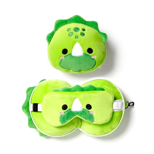 Image of Puckator Relaxeazzz Adoramals Dinosaur Round Plush Travel Pillow & Eye Mask - Sleep Eye Mask Masks - Kids Travel Accessories For Sleeping Airplane - Flight Plane Neck Pillow Pillows