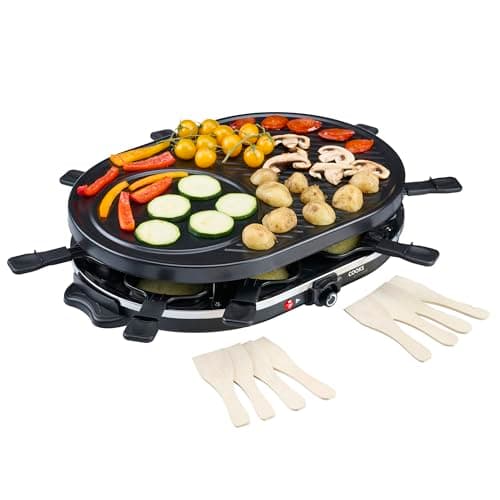 Image of Cooks Professional Electric Raclette Grill 1200W with Metal Plate | Includes 8 Cheese Fondue Pans, Wooden Spatulas, Non-Stick Grilling Surface & Thermostat Control | Perfect for Parties & Group Dining