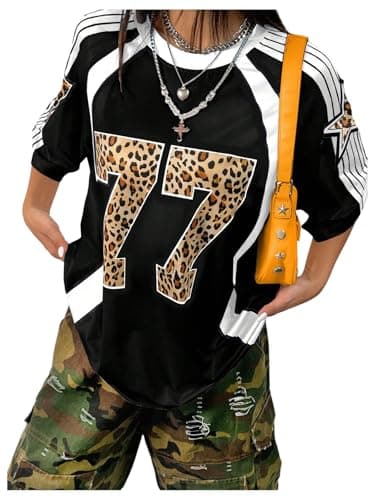 Image of GORGLITTER Women's Leopard Number Print Jersey Shirts Striped Colorblock Crewneck Short Sleeve Streetwear Tee Tops Black Small