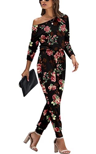 Image of YUNDAI Womens Jumpsuits One Piece Casual Off Shoulder Playsuit Long Sleeve Overalls Elastic Waist Stretchy Romper with Pockets X-Large,Rose Black
