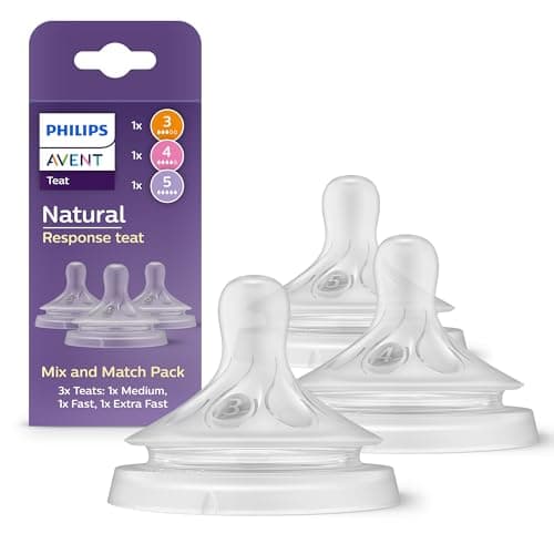 Image of Philips Avent Natural Response Mix & Match Teat Pack, 3 Natural Response Teats with Different Flow Rates - Medium (Flow 3), Fast (Flow 4) and Extra Fast (Flow 5), 3-Pack, SCY960/03