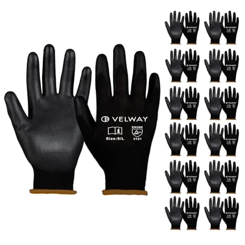 Image of Velway 12 Pairs Safety Work Gloves - Firm Grip Non-Slip PU Coated Builders Gardening Protective EN388 Mechanic Working for Men Women Black (Size 9/L)