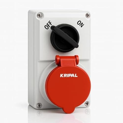 Image of 32a interlock switched socket 5 pin (3p+n+e), 415v 3-phase + neutral, ip44 red commando outlet, iec 60309, rotary isolator, wall-mounted industrial abs housing 5p