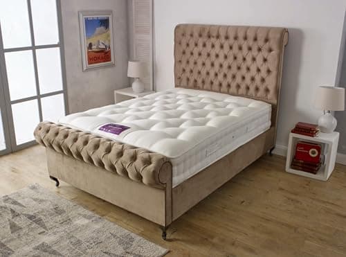 Image of BED CRAFTERS Chesterfield Sleigh Double Bed Frame | 48” Plush Velvet in Upholstered Headboard & Footboard | Mattress & Ottoman Storage (Pink (With Mattress), Swatches)