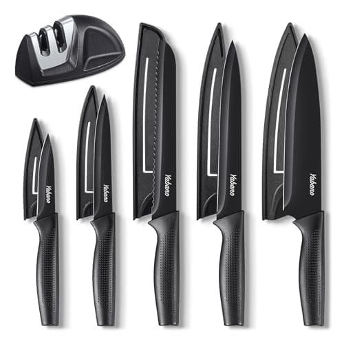Image of Knife Set, 5 Pieces Kitchen Knives Set with Healthy Anti-Rust Coating, Dishwasher Safe, Stainless Steel Chef Knife Sets with 5 Blade Guards and Knife Sharpener, Perfect Holiday Gifts for Kitchen