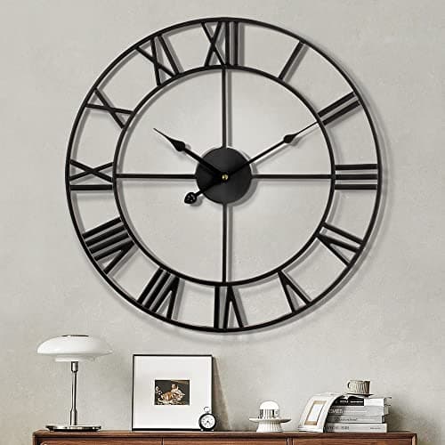 Image of Maxstar Modern Roman Numerals Large Wall Clocks,Silent Non Ticking,Round,Metal,Vintage Wall Clock for Living Room,Kitchen,Bedrooms,Garden Decor-Black 40cm