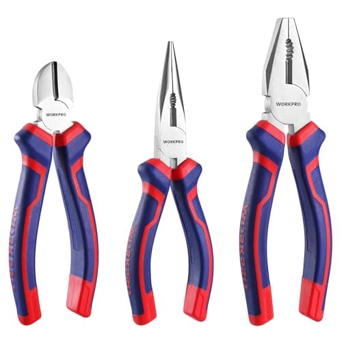 Image of WORKPRO 3-Piece Pliers Set, 160mm Long Nose, 160mm Diagonal Cutting, 180mm Combination, Soft Grip, Blue, Red, Carbon Steel, for DIY Household Repair