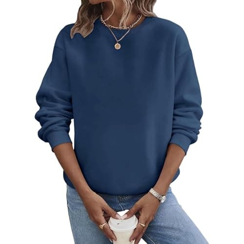 Image of Ladies Jumpers Sweatshirts For Women Uk Casual Crewneck Tops Long Sleeve Blouses Loose Fit Fall Jumpers 01-Navy M