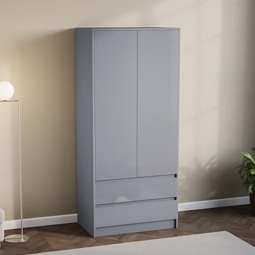 Image of Vida Designs Glinton High Gloss 2 Door 2 Drawer Wardrobe Bedroom Storage Organiser with Hanging Rail Modern Furniture 100% FSC Certified (Grey, 2 Door 2 Drawer)