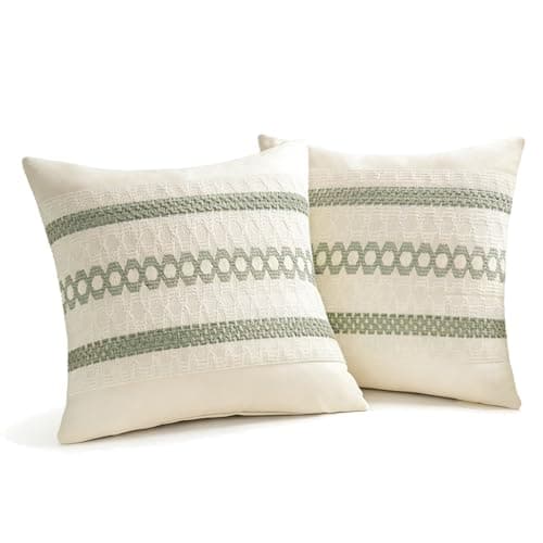 Image of Floruvia 2 Pieces Sage Green Boho Pillow Covers, Cotton Decorative Throw Cushions with Macrame Woven Design for Sofa, Bed, Chair, Farmhouse Rustic Summer Decor(18 * 18in)