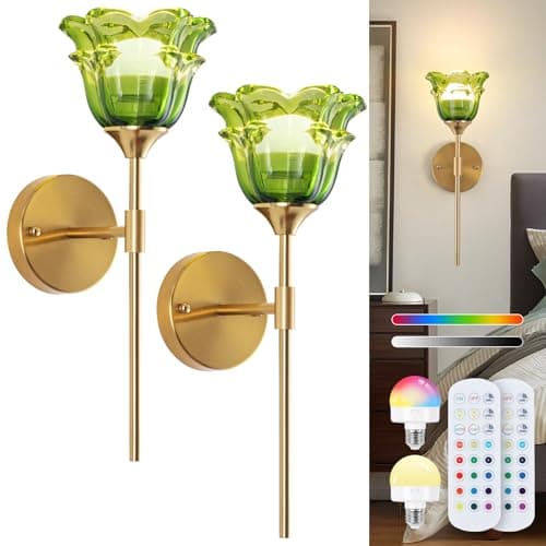 Image of Vloitgol Vintage Battery Operated Wall Lights with Green Glass Lampshade Wireless Rechargeable Battery Powered RGB Wall Light with Remote Control for Indoor Bedside Bedroom Hallway LivingRoom, 2-Pack