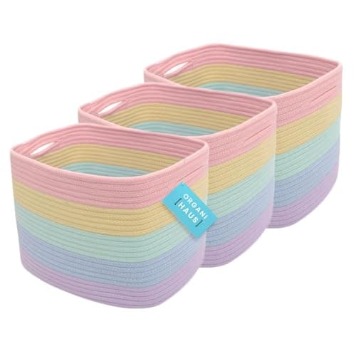 Image of OrganiHaus Set of 3 Pastel Rainbow Woven Storage Baskets for Shelves, Decorative Organizer Bins for Kids Room, Nursery & Classroom, Colorful Toy Storage Basket for Playroom Decor – 15x9x10 inches