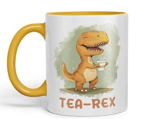 Image of Vixar Tea-Rex, Dinosaurus, Dino Joke sarkasm Sarcastic Ceramic Coloured Mug Cup for Tea Coffee Hot Brew 330ml 11Oz Gift (G Yellolw)