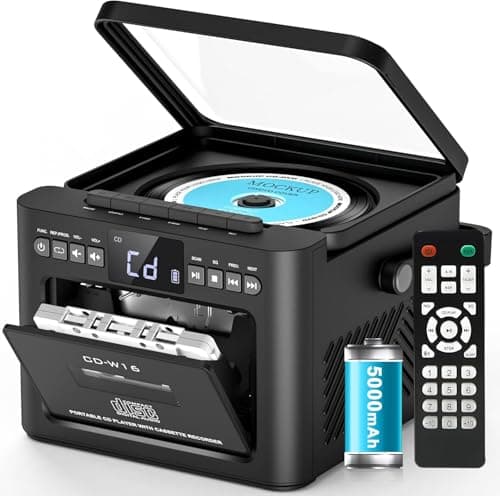 Image of Greadio Portable CD Player for Home, Rechargeable Boombox Cassette Player, FM Radio CD Player with Bluetooth, 5000mAh Battery, Remote Control, USB, AUX, TF/SD Card, 5W Dual Stereo Speaker (Black)