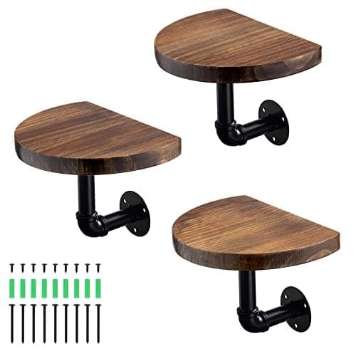 Image of Navaris Industrial Pipe Shelf Set - 3 Small Rounded Wood Shelves with Shelf Brackets - 20cm x 15cm Wall-Mounted Wooden Shelving - Size S, Dark Brown