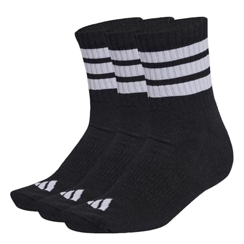Image of adidas Unisex 3 STRIPES CUSHIONED SPORTSWEAR MID CUT SOCKS 3 PAIR PACK, black/white/white, 6.5-8