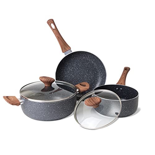 Image of Non Stick Pots and Pans Set – Induction Hob Pots Set – 5pcs Kitchen Cookware with Lids – Cooking Marble Saucepan Pots and Frying Pans – by Nuovva