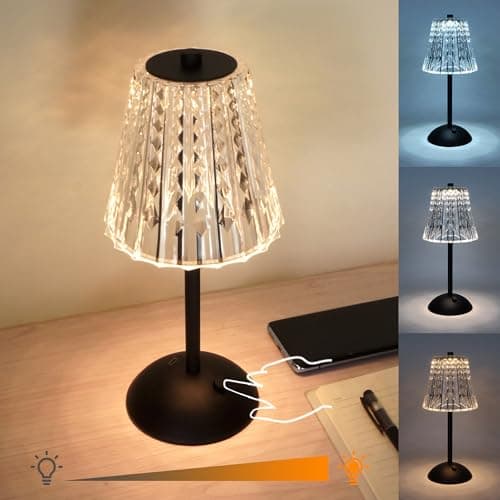 Image of Amingulry Cordless Table Lamp, 4000mAh Rechargeable Battery Operated Lamp, 3 Color Modes & Stepless Dimmable LED Touch Lamp, Portable Crystal Metal Beside Lamps for Bedroom Restaurant Outdoor(Black)