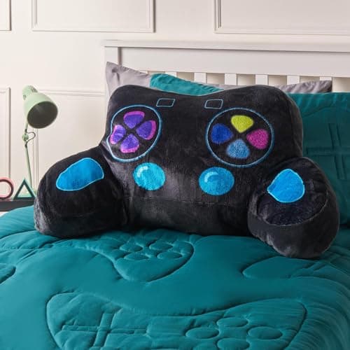 Image of OHS Gaming Controller Cuddle Cushion for Kids, Comfy Reading Pillow Super Soft Teddy Fleece Back Support Pillow with Arms Gaming Cushions for Boys, Black - 82 x 54 x 34cm