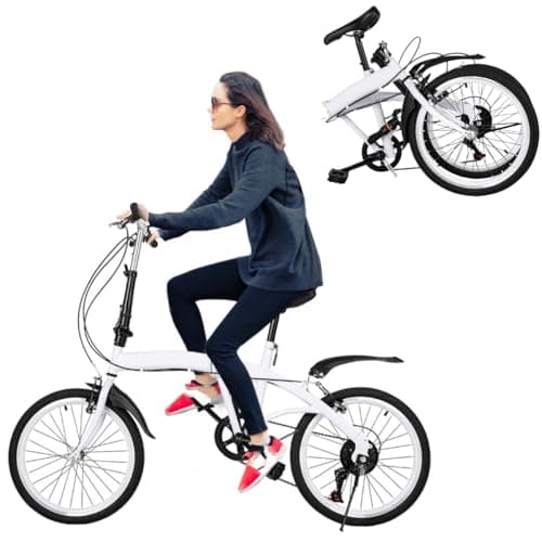 Image of Chynalys 20 Inch Folding Mountain Bike - 6 Speed Adjustable Height for Adult Men, Women and Teens - Lightweight City Bicycle With Double V Brake, White