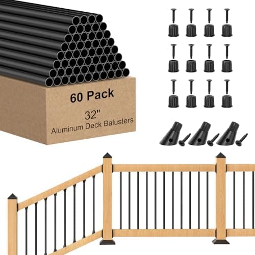 Image of BLIKA 60 Pack 32" Aluminum Deck Balusters with Adjustable Baluster Connector, 3/4" Black Round Aluminum Balusters for Deck Railing, Black Metal Deck Balusters Staircase Spindles