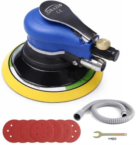 Image of ORAZIO Air Randam Orbital Sander 6 Inch 150mm, Self Vaccum Dual Action Pneumatic Palm Orbit Sander Polisher Sanding Tool + 6 Pcs Sandpapers + Hose + Dust Collection Bag 212525