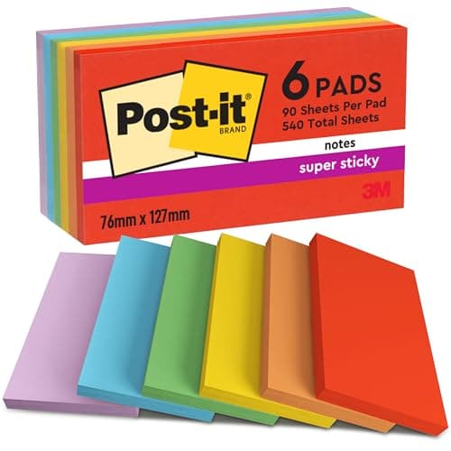 Image of Post-it Super Sticky Notes, 540 Sheets, Pack of 6 Pads, 76 mm x 127 mm - Holds Strong to Many Surfaces - Bright Colours - for Walls, Monitors and Fridge, Recycable