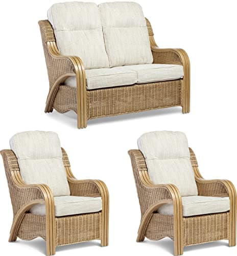 Image of Desser Opera Rattan Conservatory Furniture Suite – 2 Seater Sofa & 2x Armchairs in Light Oak – Fully Assembled Luxury Indoor Real Cane Wicker Chairs & Settee with UK Made Cushions – Jasper Fabric