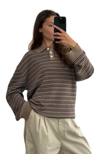 Image of LYSINK Women Striped Knit Sweater Long Sleeve Vintage Turn-Down Collar T-Shirt Casual Fall Winter Pullover Sweater Tops (Ba Khaki, XL)