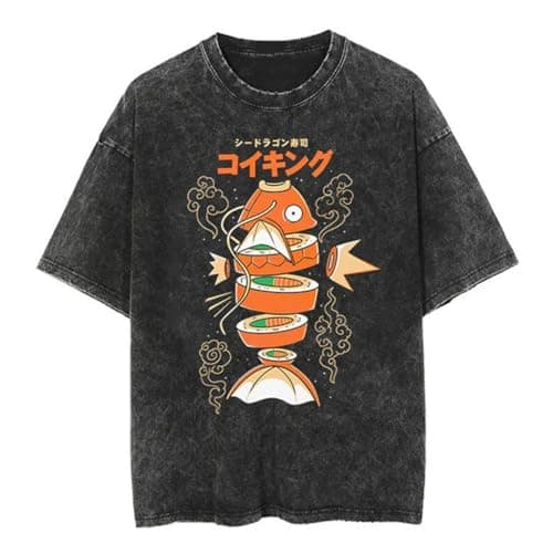 Image of KUNIIS Vintage Anime Graphic Cotton T-Shirt, Washed Black and Beige, S-5XL, Hip Hop Streetwear (Black-G,L)