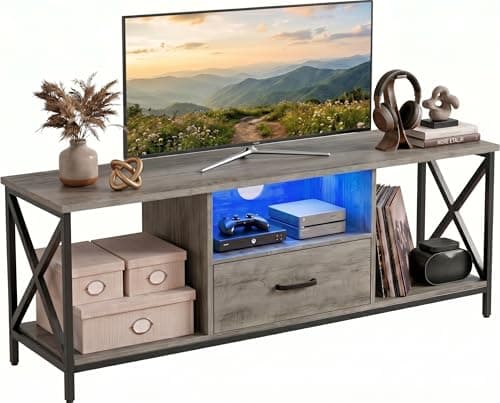 Image of Blisswood 140cm TV Unit with LED RGB Lights, TV Stand Cabinet for 55–65 Inch TVs, Media Console Entertainment Centre with Drawer & Open Storage Shelf, Industrial Metal Frame Living Room Furniture_Grey
