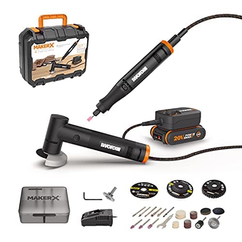 Image of Worx 18V(20V MAX) 2-Tool MakerX Combo Kit WX990, Rotary Tool+Angle Grinder, PowerShare, 1* Battery, 1* Charger, 1* Hub, 35pcs Accessories