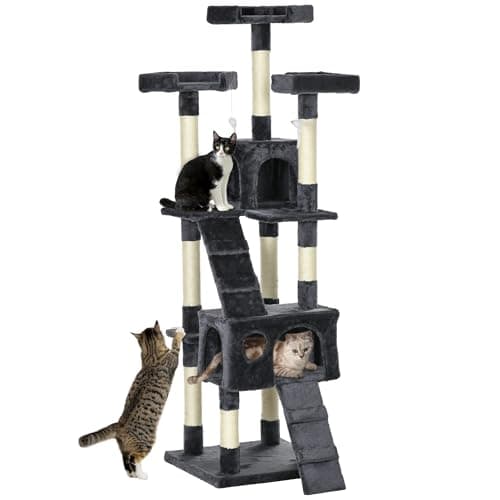 Image of PawHut Large Cat Tree, 173 cm Cat Tower with 10 Scratching Posts, 3 Perches, 2 Condos, 1 Ramp, Kitty Climbing Tower, Activity Centre House for Indoor Kittens, Dark Grey