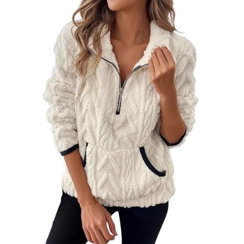 Image of CGGMVCG Half Zip Jumper Women Womens Fleece Jumper 1/4 Zip Up Teddy Fluffy Pullover Sweatshirt Ladies Casual Sweater Cozy Coat Tops Fall Winter Stand Collar Fleece Jacket with Pockets (Z02 Beige, S)