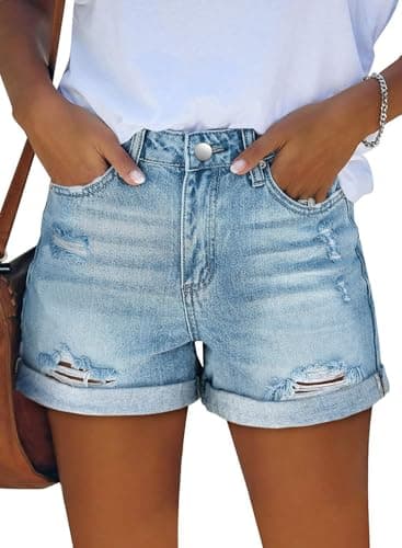 Image of KISSMODA Denim Shorts for Women Summer Cut Off Short Button Jean Shorts Ladies High Waisted Ripped Denim Hot Shorts