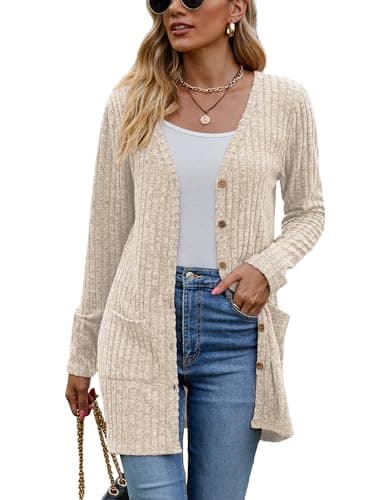 Image of Famulily Autumn Winter Cardigans for Women with Pockets, Button Down Open Front Cardigans Sweaters for Ladies (M, Beige)