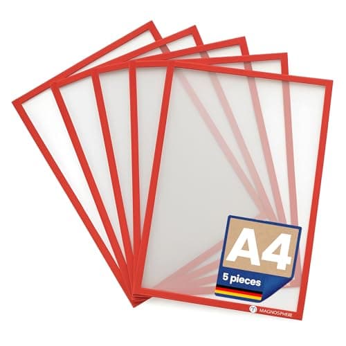 Image of A4 Magnetic Frame for Metallic Surfaces - Pack of 5 - Keeps documents Clean and Highly Visible - No Fixing Required Simply Lift and relocate on to Any Steel Surface, Colour: RED