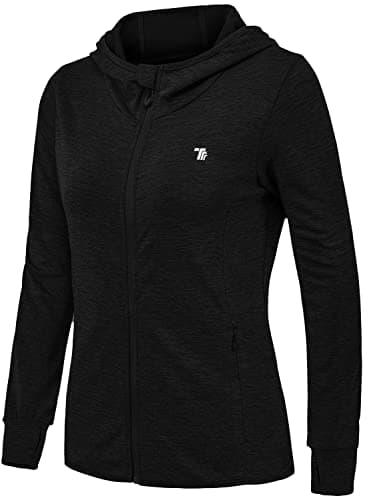 Image of donhobo Women's Running Jackets with Thumb Hole,Long Sleeve Gym Sport Zip Up Hoodie Top Breathable Quick-Dry Tops with Zip Side Pocket Black M