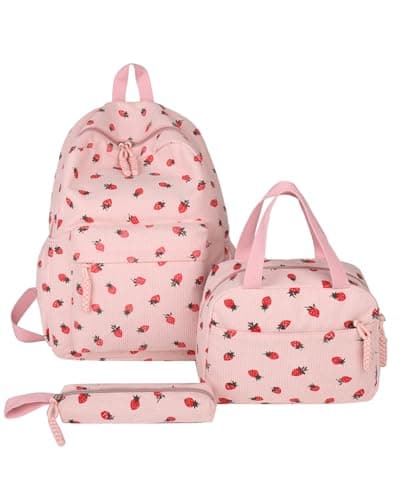 Image of Makukke Kawaii Girls' School Backpack - Adorable Strawberry Corduroy 3-in-1 School Bookbag with Fleece Lunch Box & Pencil Case for Age 8-10