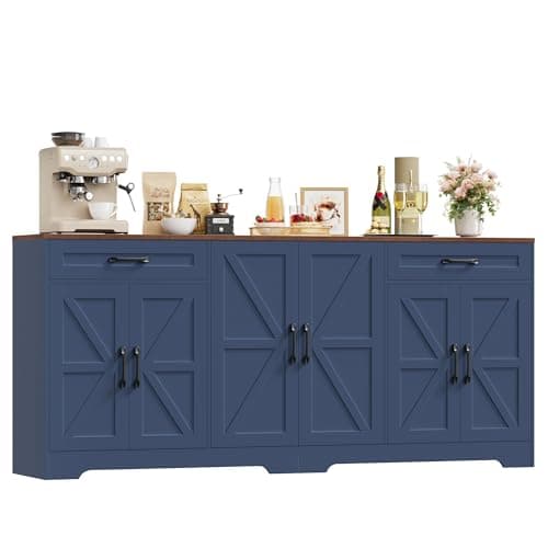 Image of HOCSOK Sideboard, 180cm Large Kitchen Sideboard with 6 Barn Doors & 2 Drawers, Farmhouse Kitchen Cabinet with Adjustable Shelves, Buffet Cabinet for Living Room, Dining Room, Blue 180x87x34 cm