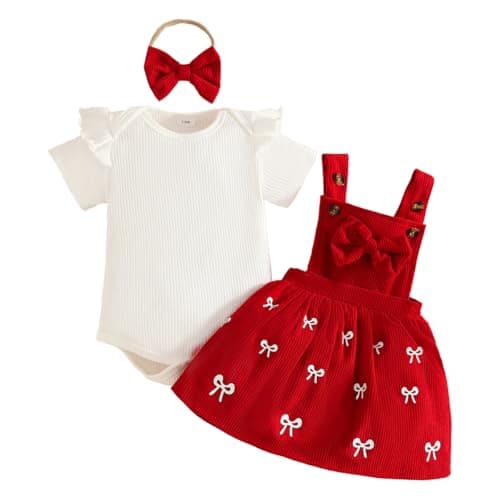 Image of QUNERY Newborn Baby Girl Clothes Heart Print Short Sleeve Tops Bowknot Suspender Skirt Summer Outfits red 0-3 months