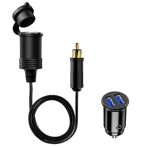 Image of Hoembpn 90cm Male Din Plug Cigarette Lighter Adapter Socket Waterproof,12V/24V Mini Dual USB Car Charger Socket, DIN Plug to Cigarette Lighter Female Extension Cable for Motorcycles