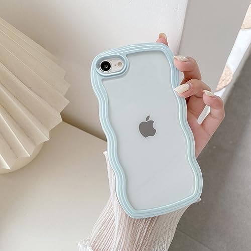Image of QLTYPRI Case for iPhone SE 2022 / SE 2020, iPhone 8/7, Cute Curly Wave Frame Clear Case for Girls Women, Transparent Soft Silicone TPU Bumper Shockproof Phone Cover - Light Blue