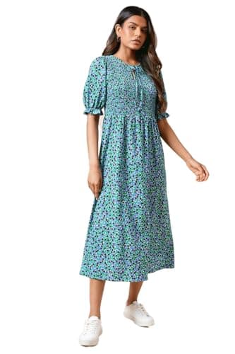Image of Dorothy Perkins Petite Floral Puff Sleeve Shirred Bodice Jersey Midi Dress, 6, Floral