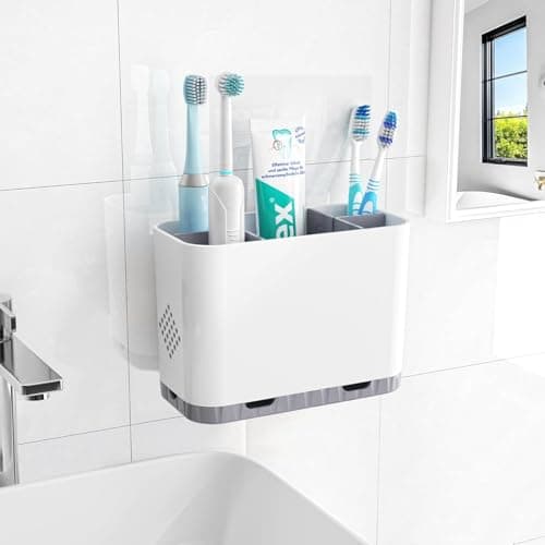 Image of 5 Slots Detachable Toothbrush Holder Set - for Bathroom Countertop, Wall Mounted Electric & Manual Toothbrush Holder with Removable Dividers, Family Bathroom Accessories Organiser
