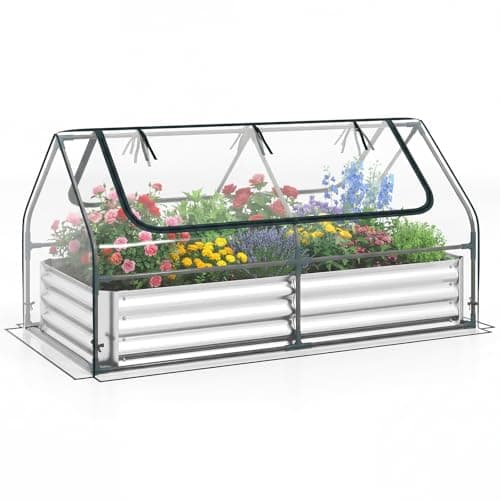 Image of TANGZON Raised Garden Bed with Greenhouse, Galvanised Steel Planter Box Kit with PVC/PE Cover & 2 Roll-Up Windows, Outdoor Vegetable Herb Flower Container Grow Box (Clear PVC Cover, 183 x 91 x 94cm)