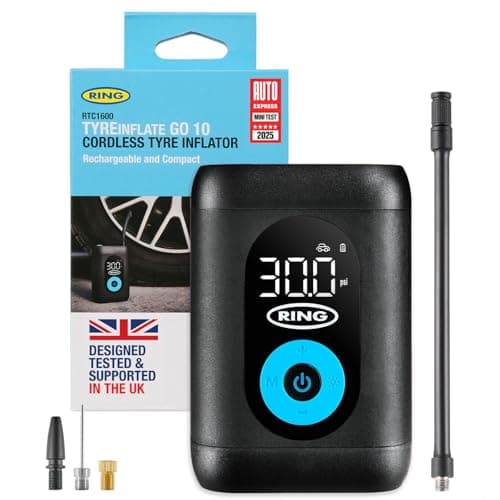 Image of RING TYREINFLATE GO 10 Compact Cordless Tyre Inflator Air Compressor with Three Piece Adaptor Kit - Measures in PSI, BAR and kPA