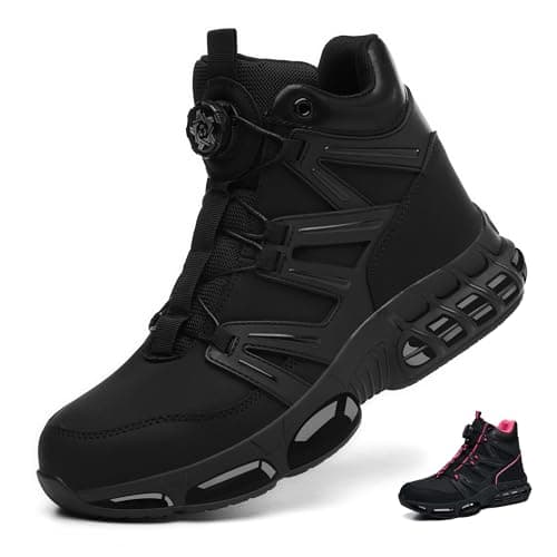 Image of PAQOZKC Steel Toe Cap Boots Mens Womens Air Cushion Safety Boots Lightweight Work Boots Ankle Support Safety trainers Quick Lace Black