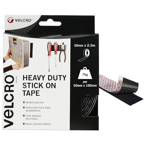 Image of VELCRO Brand | Heavy Duty Stick On Tape | Cut-to-Length Industrial Extra Strong Double Sided Hook & Loop Self Adhesive Tape Perfect for Room Décor & Home, Office, Garage Use | Black | 50mm x 2.5m
