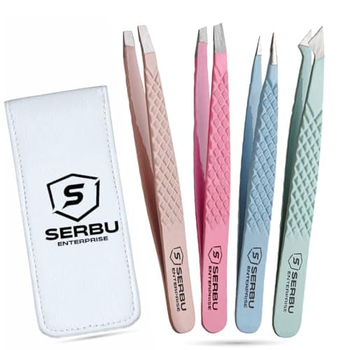 Image of SERBU Enterprise 4 Pcs Professional Tweezers Set with Case – Stainless Steel Precision Eyebrow Tweezers Kit for Men & Women, Slant, Pointed & Flat – Non-Slip Grip with Travel Case (Multicolour)